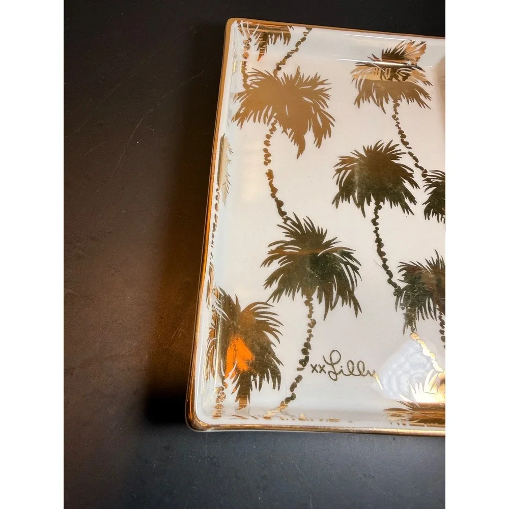 Lilly Pulitzer Tray For Trinkets Jewelry White with Gold Palm Trees 5.75" Tropic - Picture 5 of 9